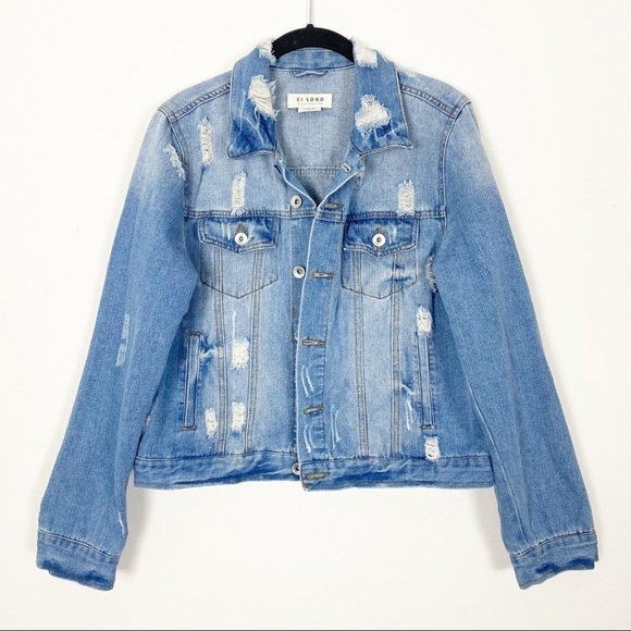 CI SONO Light Denim Distressed Jean Jacket Coat Destroyed Casual Trendy Large - Picture 4 of 9